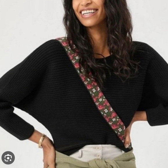 Anthropologie Black Ribbed Boat Neck Crop Sweater, L - Picture 1 of 8